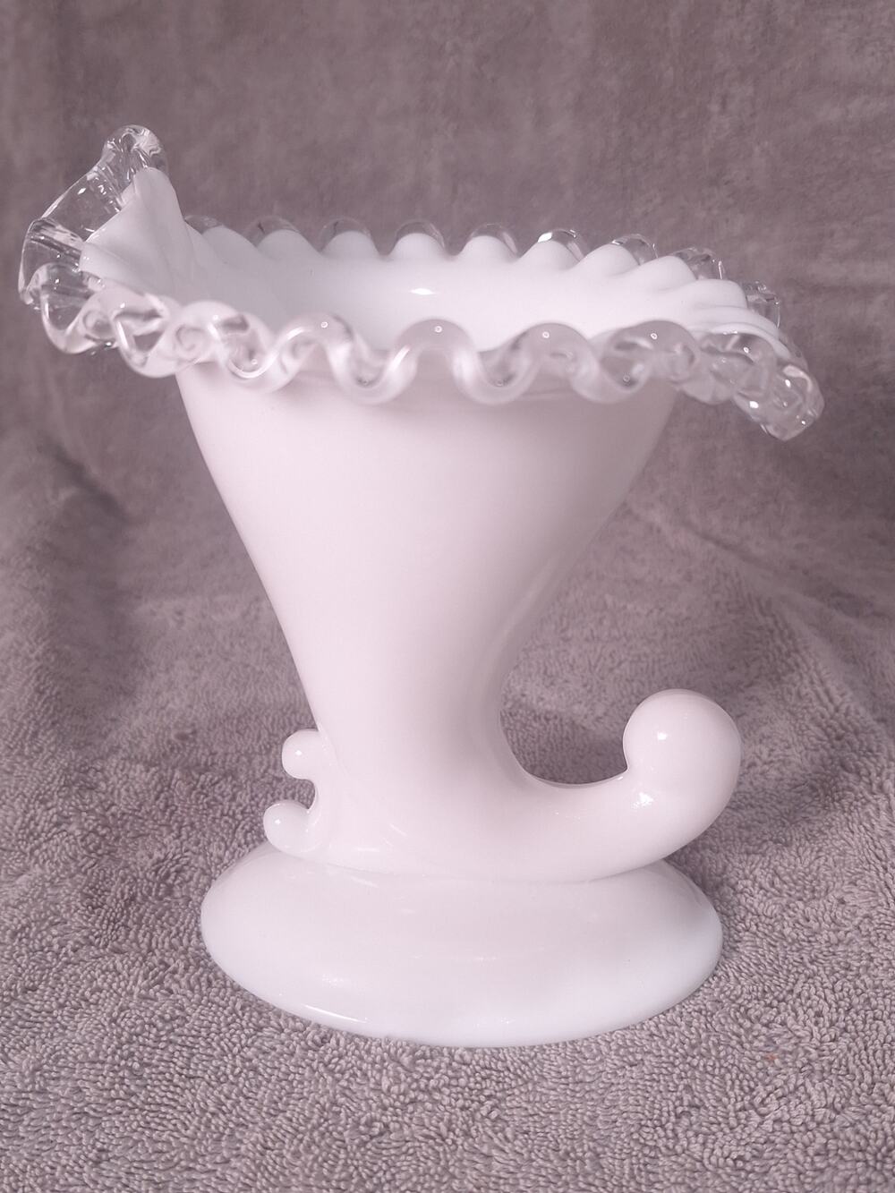 White Milk Glass Cornucopia Vase Clear Ruffled Rim Pedestal- Nice Condition